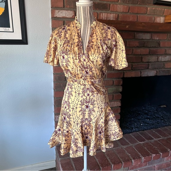 Sandro Paris Suzette Yellow Floral Ruffle Mini Dress Sz 2 - Picture 5 of 11